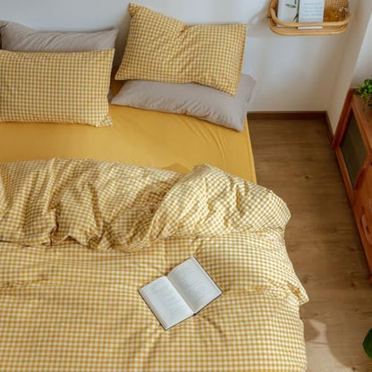 mixinni Yellow Gingham Comforter Set Queen – 3-Piece Plaid Bedding Set with 1 Soft Fluffy Comforter & 2 Pillow Cases, Lightweight All-Season Grid Pattern Printed Bedding, Queen Size