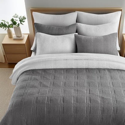 Levtex Home Cloud Waffle Full/Queen Quilt Set (88x92in) and 2 Pillow Shams (26x20in) - Box Quilted Waffle Cotton Texture - Grey - Cotton Full/Queen Size Quilt Bedding Set - Lightweight Soft Pre-Washed