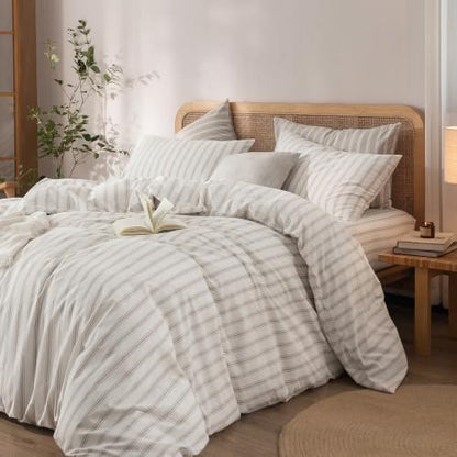 BESTOUCH Striped Cotton Duvet Cover Set Linen Feel California King