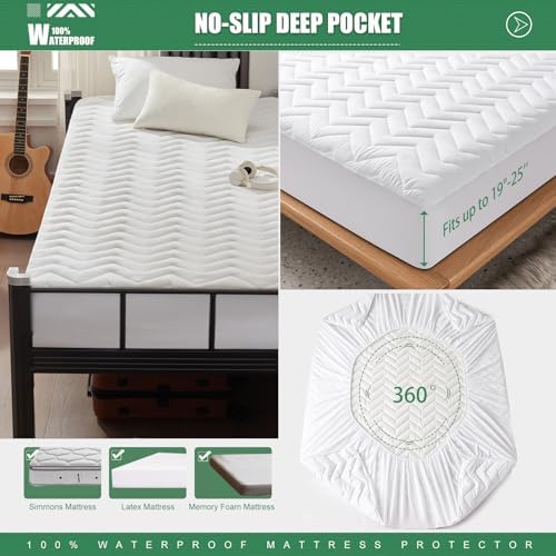 Unilibra Twin XL Size Waterproof Mattress Pad Rayon Made from Bamboo, Quilted Breathable Mattress Protector, 6''-19'' Deep Pocket Fitted Mattress Cover White