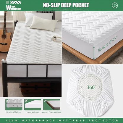 Unilibra Twin XL Size Waterproof Mattress Pad Rayon Made from Bamboo, Quilted Breathable Mattress Protector, 6''-19'' Deep Pocket Fitted Mattress Cover White
