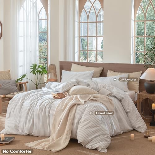 MooMee Striped Duvet Cover Set 100% Washed Cotton Linen Like Cal King