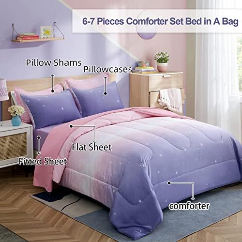 Dinjoy Girls Comforter Set Queen Size 7 Pieces Bed in A Bag Ombre Pink Purple Rainbow Bedding Set Collections for Teen Women (1 Comforter, 1 Flat Sheet, 1 Fitted Sheet, 2 Pillow Shams, 2 Pillowcases)
