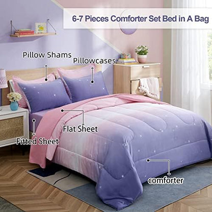 Dinjoy Girls Comforter Set Queen Size 7 Pieces Bed in A Bag Ombre Pink Purple Rainbow Bedding Set Collections for Teen Women (1 Comforter, 1 Flat Sheet, 1 Fitted Sheet, 2 Pillow Shams, 2 Pillowcases)