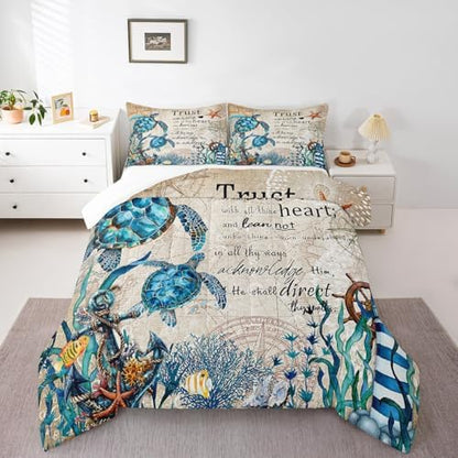 Ocean Turtle Comforter Set Queen Size,Retro Nautical Anchor Bedding Set 3pcs Undersea Fish Coral Shells Quilted Duvet for Teens Kids Girls Boys Room Decor,Bible Quotes Duvet Insert,2 Pillowcases