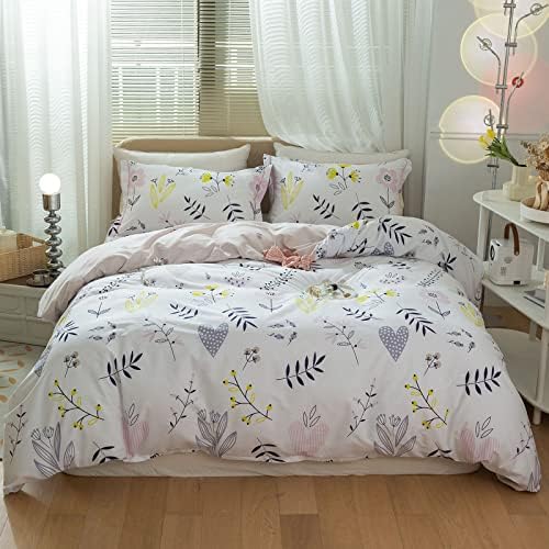 mixinni Girls Duvet Cover Twin Size Blossom Duvet Cover Cotton Flower White Floral Printed Pink Duvet Cover Set Flower Leaves Pattern Bedding with Zipper Closure for Teenage Girls