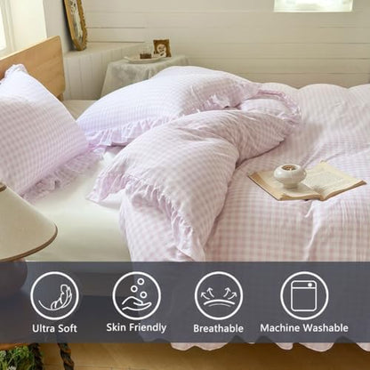 NSNLGSGC Pink Gingham Ruffle Queen Duvet Cover
