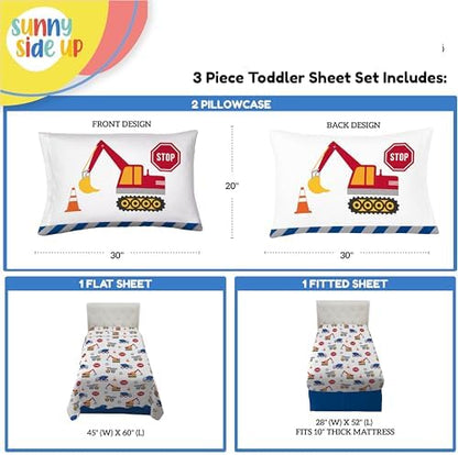 Sunny Side Up Construction Zone Toddler Sheet Set - 3 Piece Toddler Bedding Set Includes Pillow Cover - Super Soft Trucks Microfiber Sheets