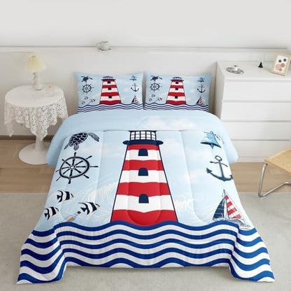 Homewish Lighthouse King Size Comforter Set,Kids Navigation Theme Decor All Season Bedding Set,Teens Anchor and Rudder Comforter,Blue Red Decor Quilt Set Bedroom Collection 3Pcs