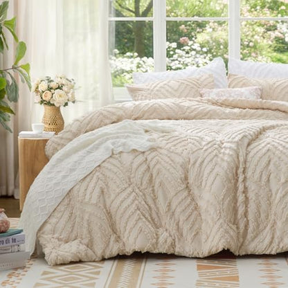 BEDELITE Boho Comforter Set Queen - Tufted Boho Bedding Set, Cream Beige