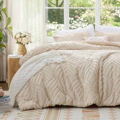 BEDELITE Boho Comforter Set King - Tufted Boho Bedding Set, Cream Beige