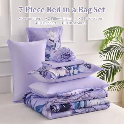 Luxudecor Lavender Purple Floral Comforter Set Queen Size 7 Piece, Flower Bed in a Bag, Elegant Comforter with Sheet Set, Soft Microfiber Bedding Set for All Season (Lavender, 90"x90")