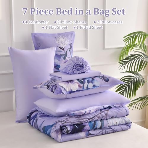 Luxudecor Lavender Purple Floral Comforter Set King Size 7 Piece, Flower Bed in a Bag, Elegant Comforter Bedding Set for All Season (Lavender, 104"x90")