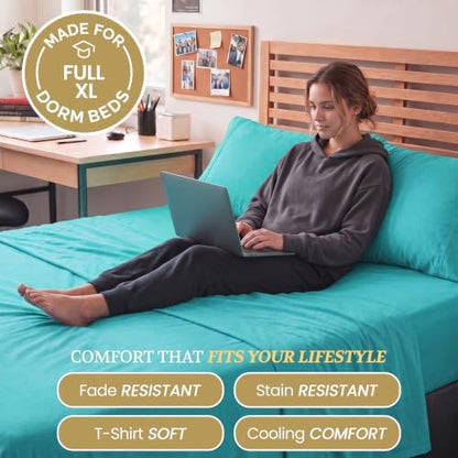 Full XL 100% Cotton Jersey Knit Sheet Set, 4PC, 15" Deep Pocket, Aqua