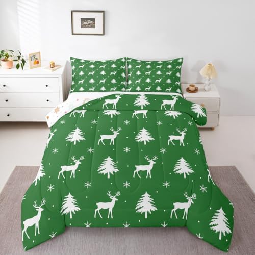 Christmas Deer Comforter Set Full Size,Snowflake Pine Tree Kids Bedding Set,Rustic Farmhouse Xmas Quilt Comforter,Green White Duvet Insert,2 Pillowcases