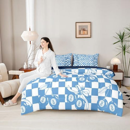 Erosebridal Blue Cheery Bow King Bedding Set 7 Piece for Boys Girls Y2K Trendy Lucky 8 Ball Comforter Set for Kids Teen Adults,Preppy Fashion Checkered Geometric Bed in A Bag Funky Y2K Bed Set