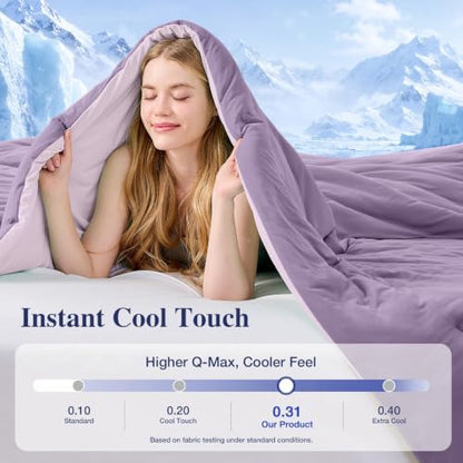 MUXHOMO Cooling Comforter Set Queen Size, Lightweight Summer Comforter for Hot Sleeper, Reversible Bedding with ICY Cooling Surface, Includes 1 Comforter (90"x90") and 2 Shams (20"x 26"), Lavender
