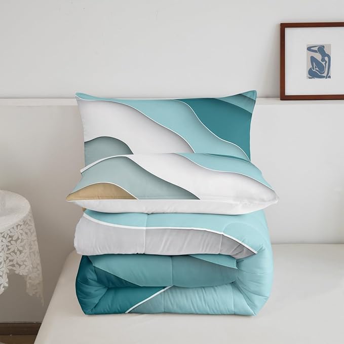 Abstract Ombre Comforter Set Ocean Waves Bedding Set Decor Blue Sea and Beach Quilt Set Tropical Summer Contemporary Duvet Insert Teens Kids Adults Room Decor 3pcs Queen Size