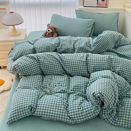 mixinni Dark Green Gingham Comforter Set Twin XL, Plaid Comforter Set 3 Pieces 1 Teal Grid Comfoter with 2 Pillow Cases for All Seasons, Soft Fluffy Modern Grid Pattern Printed Bedding-Twin XL Size