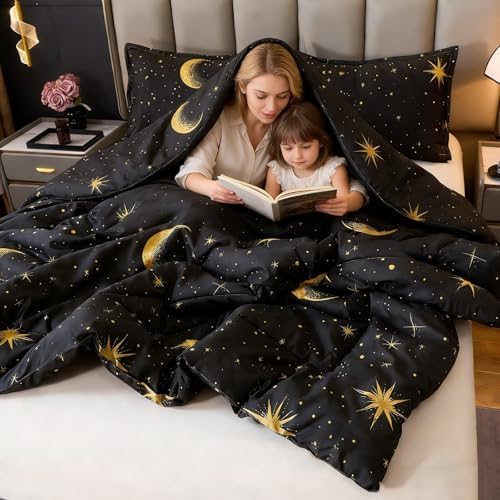 Caressma Black Comforter Set Moon Star Twin Size 2pcs with Pillowcase