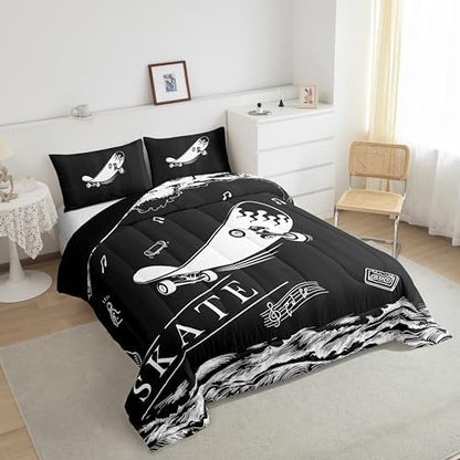 Erosebridal Boys Skateboard Bedding Full Hippie Skate Comforter Set for Kids Boys Girls, Black White Down Comforter Sport Bedding Comforter Sets, Modern Abstract Lines Duvet Insert (Reversible Black)