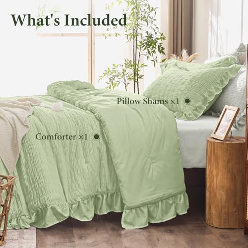 JOLLYVOGUE Sage Green Twin Size Comforter Set, 2 Pieces Seersucker Lightweight Fluffy Bedding Set, Twin Ruffle Comforter, All Season Soft Microfiber Shabby Chic Bed Set