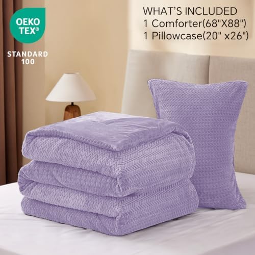 ChiXpace Fleece Twin Size Comforter Set Lavender, Fluffy Bed Set 2 Pieces