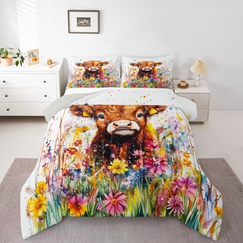 jejeloiu Cute Cow Comforter Set Full Size Highland Cattle Bedding Set for Kids Boys Girls Flower Farmhouse Duvet Quilt Wildlife Bedroom Decor Microfiber 3 Pcs with 2 Pillow Cases