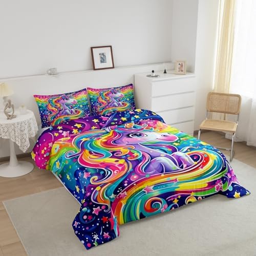 Castle Fairy Rainbow Unicorn Comforter Sets Full Size Cartoon Watercolor Unicorn Star Bedding Set for Kids Girls Boys Teens Bedroom Decor,Cute Animal Theme Duvet Quilt Soft Reversible Comforter 3 Pcs