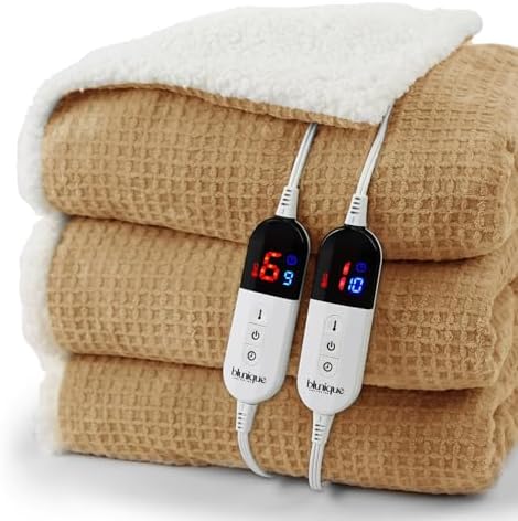 Heated Blanket Electric Blanket Queen Waffle, 84x90 Inches Dual Controllers Sherpa Fleece Fast Heating Blanket 6 Heating Levels & 10 Hours Auto Off ETL Certification, Caramel Queen