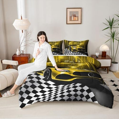Erosebridal Yellow Race Car Queen Comforter Set for Teen Boys,Glitter Ombre Line Art Bedding Set Neon Light Sports Car Dashboard Quilt,Black and White Grid Lattice Buffalo Plaid Decor