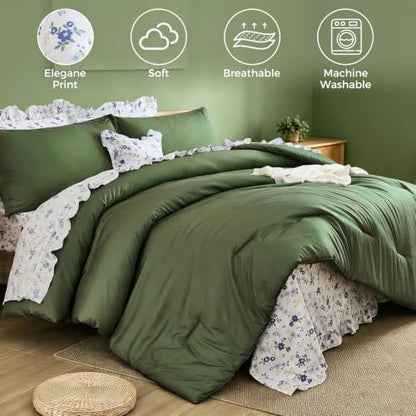 WONGS BEDDING 8PC King Comforter Set, Ruffle Comforter with Floral Sheets