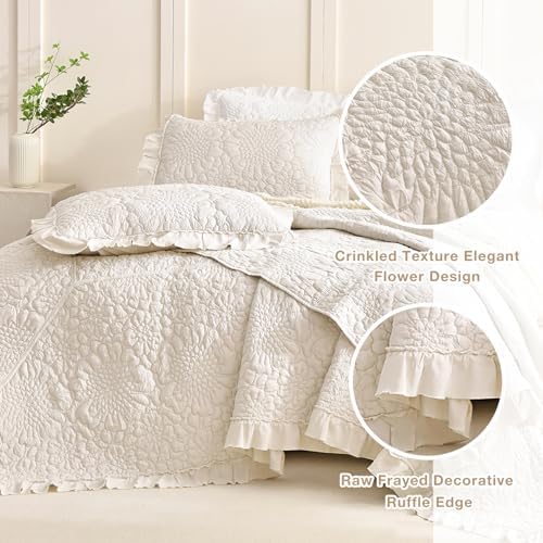 Masaca Oversized King Bedspread 128"x120",Wheat Ruffled Shabby Farmhouse King Quilt Bedding Set Oversized,3 Pieces Soft Lightweight Crinkled Extra Large Bedspread & Coverlet Sets for All Season