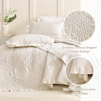 Masaca Oversized King Bedspread 128"x120",Wheat Ruffled Shabby Farmhouse King Quilt Bedding Set Oversized,3 Pieces Soft Lightweight Crinkled Extra Large Bedspread & Coverlet Sets for All Season