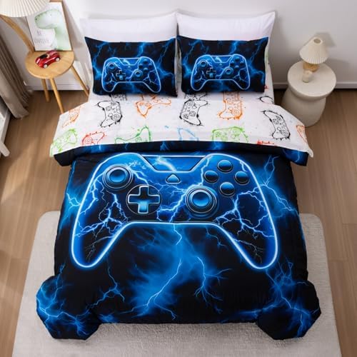 Meeting Story 5 Pieces Kids Game Comforter Set Queen Size Blue Gamer Bedding Set for Boys Teen 3D Cool Black Video Gaming Bed in A Bag with Sheets(Blue)