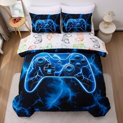 Meeting Story 5 Pieces Kids Game Comforter Set Queen Size Blue Gamer Bedding Set for Boys Teen 3D Cool Black Video Gaming Bed in A Bag with Sheets(Blue)