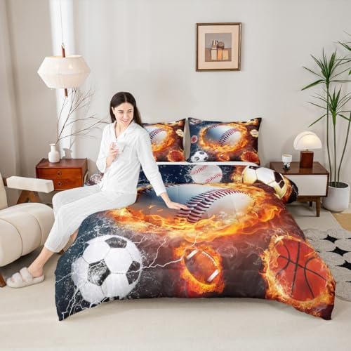 Erosebridal Kids Baseball Bedding Set for Boys King Teen Sports Baseball Comforter Set Football Soccer Bedding Comforters,Lightning Basketball Quilt Duvet Red Blue Water Fire Decor All Season 3 Pcs