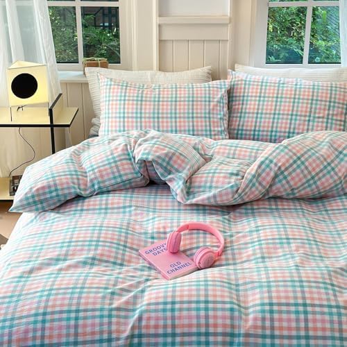 LifeTB Gingham Comforter Set Twin XL Multi-Colored Plaid Comforter Set 3 Pieces Checkered Grid Comforter with 2 Pillowcases Soft Fluffy Gingham Bedding Set Farmhouse Grid Bed Comforter Twin XL