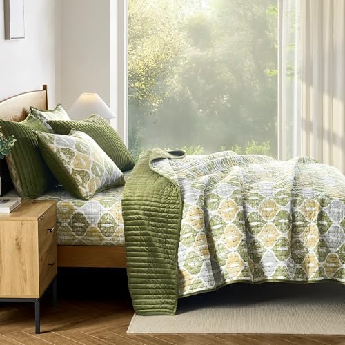 Wonderful Queen Quilt Set, Cotton Reversible Lightweight Comforter, Striped Channel Stitch Green Velvet Bedding with Ogee Printed, Breathable & Comfortable, Suitable for All Season Bedroom Use,94"x94"