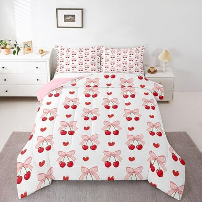 Pink Bow Girlish Kids Comforter Set King Size,Bowknot Cherry Tropical Fruit Cartoon Bedding Set,Girls Women Room Decor,Cute Princess Style Down Comforter,Pink Bow Tie Duvet Insert,2 Pillowcases