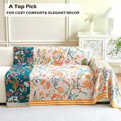 VANJOROY Boho Throw Blanket, 100% Organic Cotton Breathable Ultra Soft 91" x 98" Bed Quilt Throw - All Season Floral Rustic Farmhouse Decor Luxury Reversible Blanket for Sofa Couch Chair and Gift