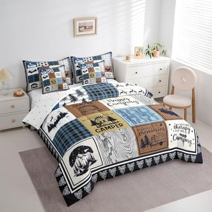Erosebridal 7 Piece Rv Camper Bedding Set King,Kids Happy Camping Comforter Set with Sheets,Travel Trailer Bed in a Bag Buffalo Plaid Decor,Rustic Cabin Patchwork Bed Set with Pillowcases