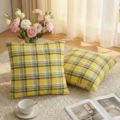 AVOIN colorlife Spring Summer Brown Yellow Plaid Decorative Throw Pillow Covers, 18 x 18 Inch Holiday Scottish Tartan Cushion Case Farmhouse Decoration for Sofa Couch Set of 2