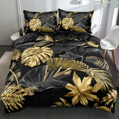 Queen Size Tropical Plants Bedding Set – Botanical Palm Leaf Duvet Cover for Boys & Girls, Natural & Relaxing Bedroom Aesthetic