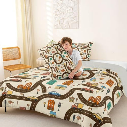 Erosebridal Cartoon Car Comforter Set Queen Cityscape City Car Bedding Set Funny House Building Road Map Comforter for Kids Boys Girls Modern Transportation Vehicle Quilt Duvet