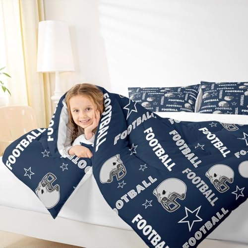 Boys American Football Comforter Set Queen Size,Navy Blue Football Stars Printed Bedding Set 3Pcs with 2 Pillowcases,Modern Style Down Comforter Kids Teens Decor Cozy Soft Quilt,Bed in a Bag