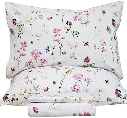 QSH Floral Bed Sheets Set Queen Size - Shabby Flower Bee Print Bed Sheet Set - Extra Soft and Breathable 100% Egyptian Cotton - 4 pcs Deep Pockets Flower Bed Sheets Queen Size Sets