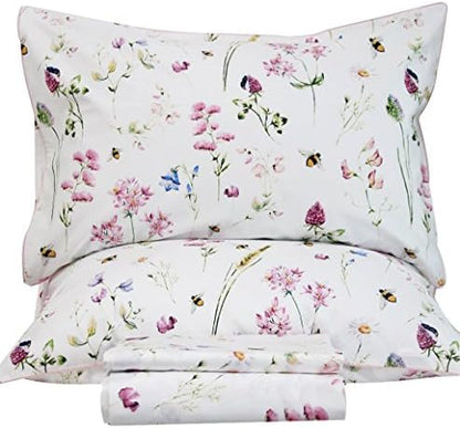 QSH Floral Bed Sheets Set Queen Size - Shabby Flower Bee Print Bed Sheet Set - Extra Soft and Breathable 100% Egyptian Cotton - 4 pcs Deep Pockets Flower Bed Sheets Queen Size Sets