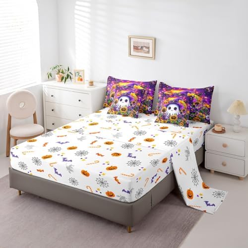 Erosebridal Halloween Theme King Comforter Set 7 Piece for Kids Boys Girls Room Decor Cartoon White Ghost Sunflower Print Bed in A Bag with Sheets Pumpkin Bedding Set Purple Bed Set