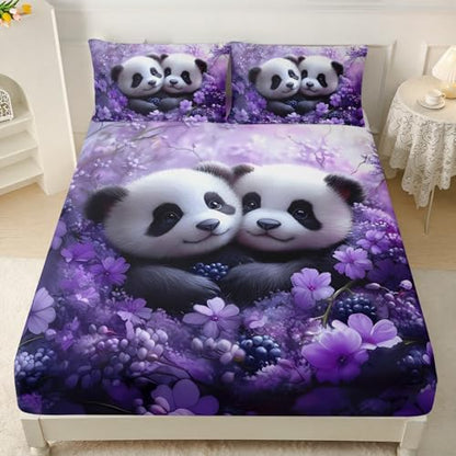 HOSIMA Kids Cute Panda Queen Bedding Sets,1 Fitted Sheet+2 Pillowcases.